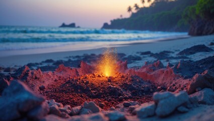 Aufkleber - Beach with glowing campfire on shore during sunset with rocks and ocean waves in the background, tropical landscape scene