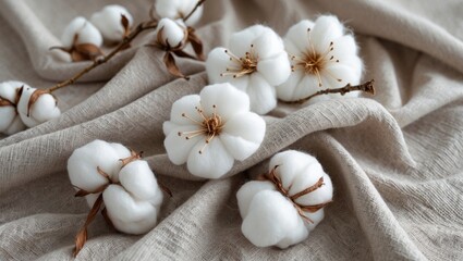 Poster - Cotton flowers and branch arranged on a textured fabric surface showcasing natural elements and soft colors