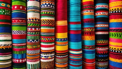 Aufkleber - Vibrant display of colorful textile rolls showcasing intricate patterns and designs in various hues and textiles arranged in a row