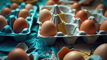 Poster - Fresh brown eggs in cardboard cartons displayed on textured surface with light reflections and shadows creating visual depth.