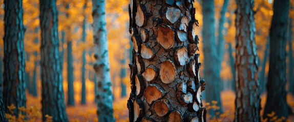 Poster - Textured bark of a pine tree amidst a vintage autumn forest with vibrant orange foliage creating a serene natural backdrop.