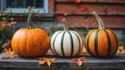 Poster - Three decorative pumpkins in autumn colors arranged on a wooden table with fallen leaves and a rustic background setting.