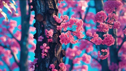 Poster - Pink cherry blossom flowers blooming on tree trunk in bright blue background natural scenery
