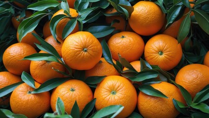 Aufkleber - Fresh ripe oranges with green leaves stacked together in a natural setting close-up shot