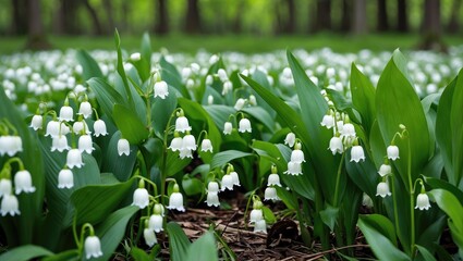 Poster - Field of blooming white lilies of the valley flowers surrounded by green foliage in a forest setting in soft natural light
