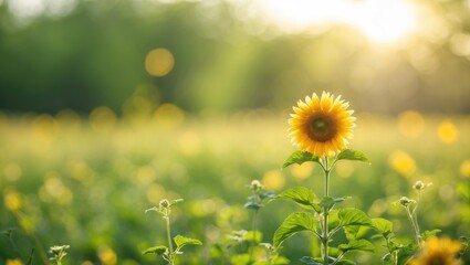 Poster - Sunflower blooming in a lush green field with soft sunlight blurred background during golden hour in summer season