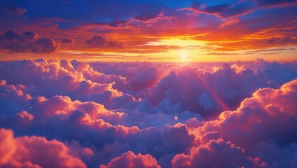 Poster - Colorful sunset over fluffy clouds with a gradient sky displaying orange, pink, and purple hues in a peaceful atmosphere