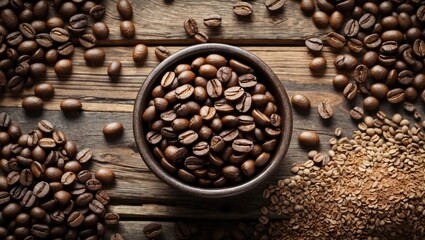 Poster - Close-up of roasted coffee beans in a wooden bowl surrounded by scattered beans and ground coffee on a rustic wooden surface
