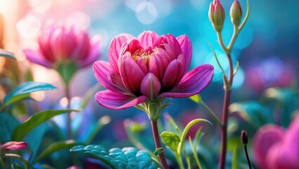 Poster - Vibrant close-up of a stunning pink flower bud surrounded by lush foliage in soft natural light, showcasing beauty and freshness.