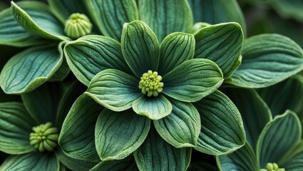 Poster - Close-up view of vibrant green leaves and flowers with intricate textures and unique shapes in natural lighting