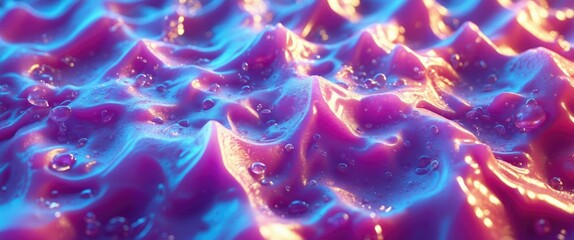 Poster - Abstract colorful fluid surface with ripples and water droplets in vibrant blue and pink hues illuminated by soft light.