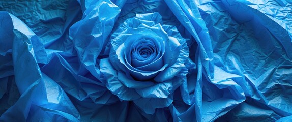 Poster - Blue rose on textured blue background created from crumpled paper, highlighting floral design and color contrast.