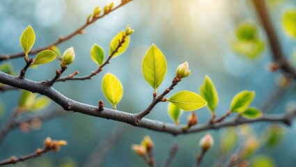 Poster - Green leaves and buds on branches with soft blurred background in natural light during spring season.