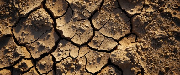 Poster - Cracked dry soil texture background with uneven surface and sandy particles in natural environment.