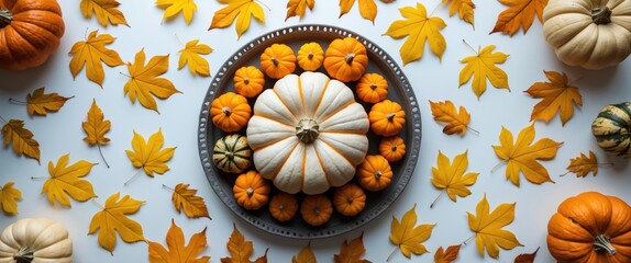Poster - Autumn pumpkin arrangement with various sizes of pumpkins and yellow leaves on a white background in a decorative tray
