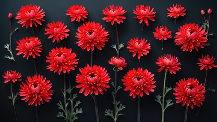 Poster - Vibrant red chrysanthemum flowers beautifully arranged on a dark background showcasing their intricate details and natural elegance.