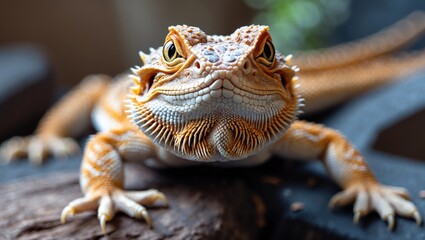 Poster - Close-up portrait of a bearded dragon lizard resting on a wooden surface with detailed textures and vibrant colors