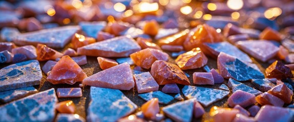 Fototapete - Colorful gemstone fragments with varying shapes and sizes, reflecting light on a textured surface, abstract background design.