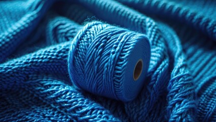 Poster - Close-up of a blue knitted fabric showcasing texture with a spool of wool yarn placed thoughtfully to highlight craftsmanship.
