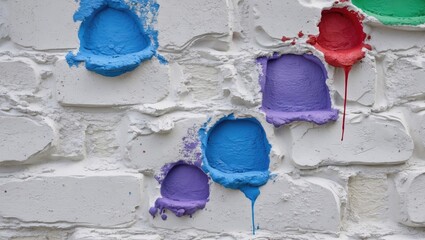 Poster - Colorful paint blobs on white textured brick wall background with vibrant blue, purple, red, and green hues dripping down