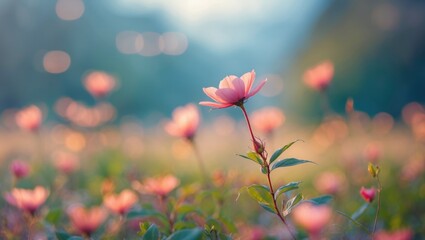 Poster - Delicate pink flowers in a dreamy blurred background creating a serene and tranquil nature scene for relaxation and inspiration.