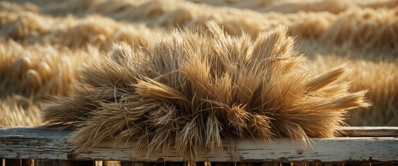 Poster - Golden wheat stalks arranged on a wooden fence overlooking a vast golden field during sunset.
