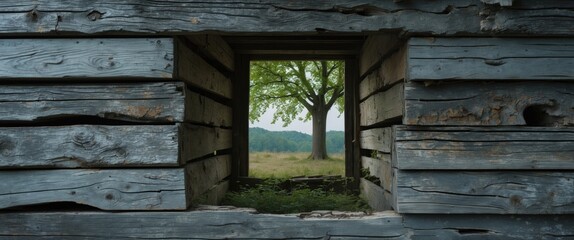 Poster - Weathered wooden wall with natural patterns framing a serene view of a tree in a lush field, showcasing rustic charm and outdoor beauty.