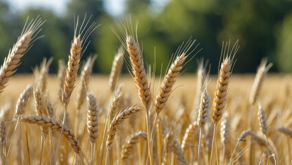 Aufkleber - Golden wheat field with ripe ears of grain in close-up against a blurred green background during daytime.