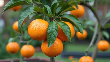 Poster - Close-up view of ripe oranges hanging on a tree branch surrounded by green leaves in a natural outdoor setting