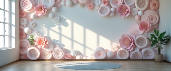 Poster - Interior space with floral wall mural featuring pink flowers and circular patterns, sunlit room with wooden floor and round rug.