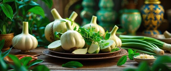 Aufkleber - Fresh garlic bulbs and green herbs on a wooden table surrounded by foliage and decorative pottery in a natural light setting