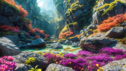 Poster - Serene Landscape with Vibrant Flowers and Rocky Terrain in a Tranquil Natural Setting