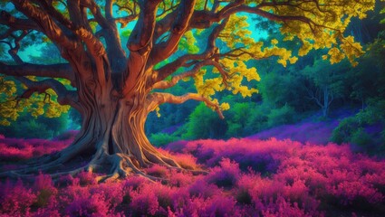 Poster - Large ancient tree with vivid green leaves surrounded by a field of vibrant purple flowers under a bright blue sky in a serene landscape.