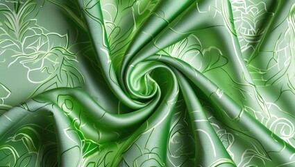 Aufkleber - Green floral patterned silk fabric twisted in a circular formation showcasing texture and design details.