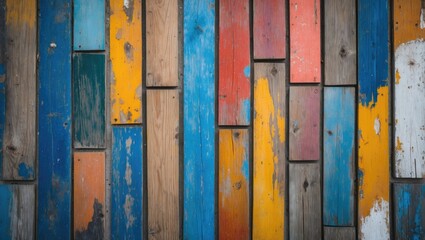 Poster - Vintage wooden wall with colorful planks featuring a mix of blue, orange, red, and natural wood tones for creative background designs.