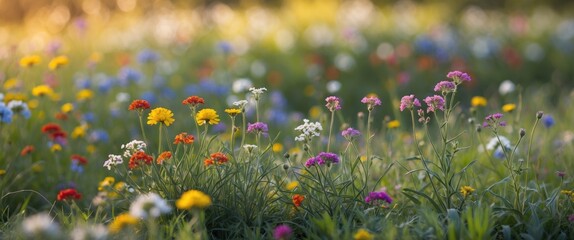 Poster - Vibrant wildflower meadow with a variety of colorful blooming flowers and lush green grass under soft sunlight in a natural setting