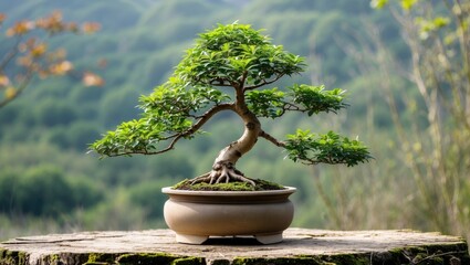 Poster - Bonsai tree in a decorative pot on wooden stump with blurred green background and natural light in serene outdoor setting
