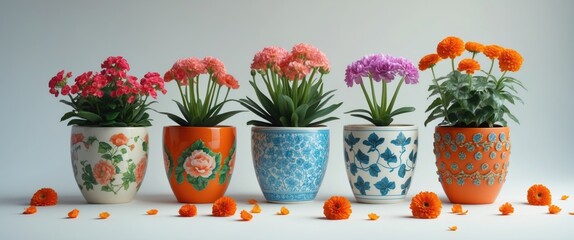 Poster - Colorful flower pots with various floral patterns showcasing vibrant flowers on a light background with scattered orange petals.