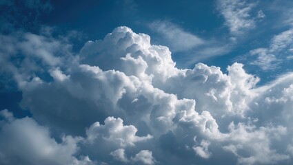 Poster - Fluffy white cumulus clouds on a blue sky background capturing natural atmospheric weather conditions.