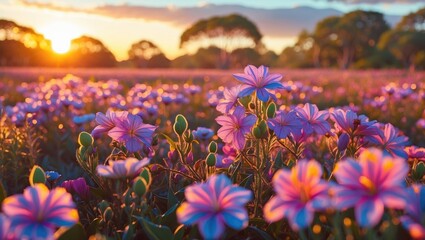 Poster - Vibrant wildflowers bathed in golden sunset light in Wyndham East Kimberley showcasing natural beauty in Western Australia.