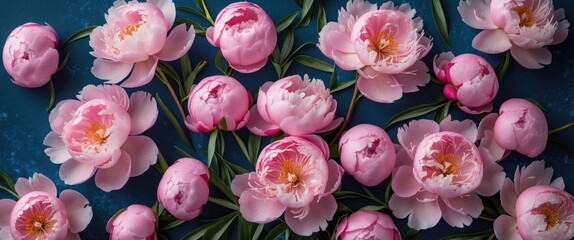 Poster - Delicate pink peonies beautifully arranged on a deep blue background capturing elegance and natural beauty in a close-up view.