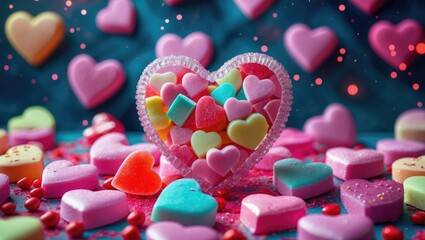 Poster - Colorful heart-shaped candies arranged in a heart-shaped container on a blue background with sparkling elements and scattered sweets.