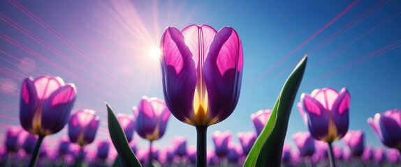 Poster - Backlit lavender tulip in a field showcasing vibrant colors and dramatic light effects creating a serene floral atmosphere.