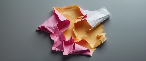 Poster - Crumpled colored paper in pink orange and white on a gray background creating a textured abstract composition