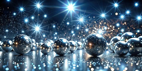 Wall Mural - glittering silver balls scattered on a dark background with sparkling stars and neon lights surround