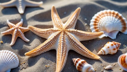 Poster - Starfish and assorted seashells on sandy beach surface illuminated by sunlight