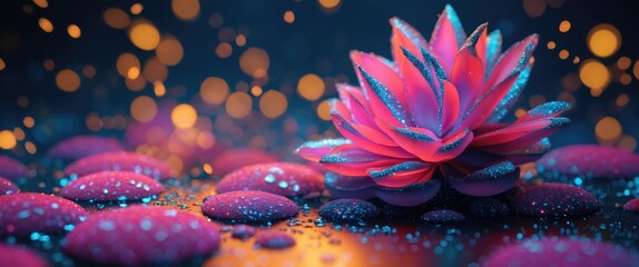 Poster - Vibrant flower with shimmering stones and magical bokeh background creating an enchanting atmosphere for artistic or decorative use.