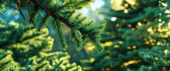 Poster - Close-up view of vibrant fir tree branches illuminated by sunlight in a lush green forest during a serene summer day.