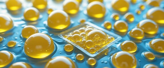 Aufkleber - Yellow liquid droplets on a blue surface with a textured container displaying bubbles in a macro close-up view.