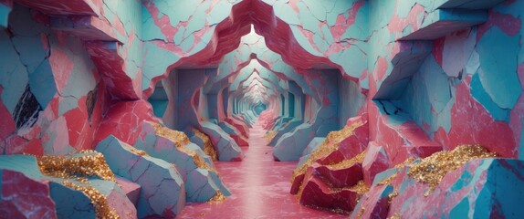 Poster - Vibrant abstract corridor featuring split marble walls in hues of pink and blue with sparkling elements for artistic interior design.